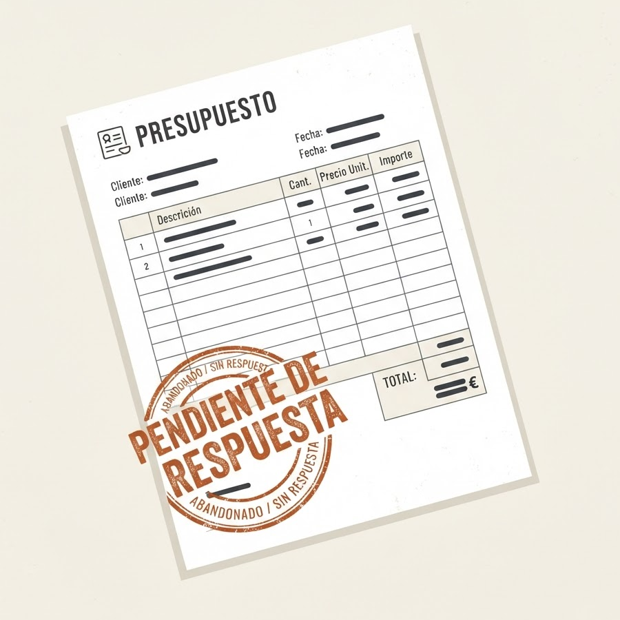 Ilustración: un presupuesto de reforma sellado como pendiente de respuesta, sin ningún seguimiento posterior